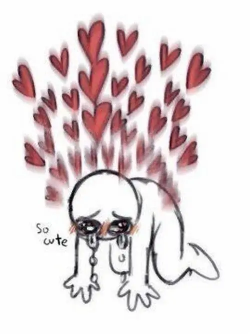 8 Nhân vật đầu tròn quỳ sụp dưới mảng tim đỏ rơi kín phía trên, tay chống đất và lưng khom khiến meme rụng rời này nhìn vừa tếu vừa tội