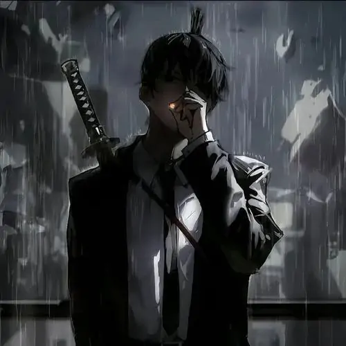 61 Ảnh đại diện hoạt hình cậu trai mặc đồng phục đứng bên cửa lớp, bàn tay đặt lên khung kính, mắt đỏ nhẹ và nền trời xám làm bức ảnh thêm phần u uất