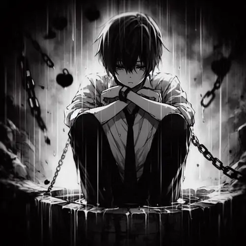 32 Cậu trai anime quay nghiêng trước tủ sách cũ, một tay vuốt tóc ra sau, áo len rộng màu than và đôi mắt xa xăm khiến bức hình profile hoạt hình nam cô đơn rất hợp vibe buồn