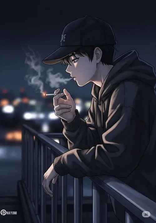 35 Ảnh profile nam buồn cậu trai mặc áo cổ lọ đứng dưới tán cây đêm, gió thổi phần tóc trước trán và nền đèn xa mờ tạo cảm giác trầm mặc rất đẹp