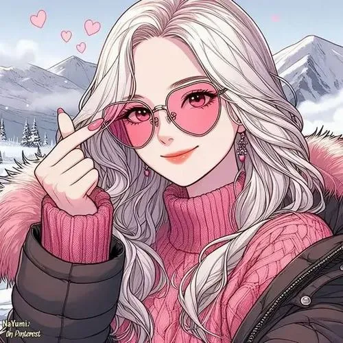 1 Tải ảnh avatar cô gái tóc bạch kim đeo kính tim hồng, mặc áo len đỏ cổ lọ và khoác áo dày, giơ tay tạo dáng giữa nền núi tuyết như một ảnh đại diện đôi rất xinh