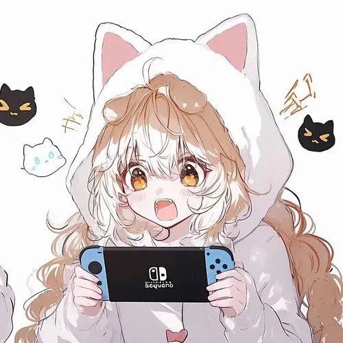 3 Hình đại diện cô bé tóc vàng đội mũ tai mèo ôm máy chơi game trước ngực, mắt tròn long lanh và má ửng nhẹ làm ảnh profile đôi trông mềm và dễ thương
