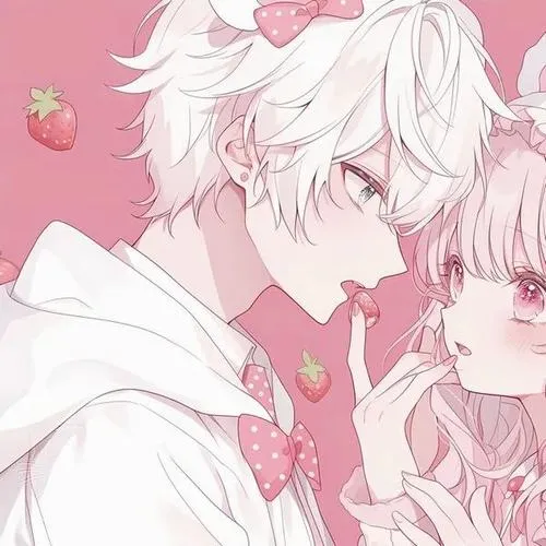 31 Ảnh đại diện đôi chàng trai tóc trắng cúi hôn nhẹ lên trán cô gái tóc hồng giữa nền hồng pastel, hai mái đầu chạm nhau làm bộ avatar này ngọt vô cùng