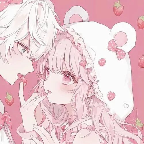 32 Cô gái tóc hồng mặc áo trắng, ngẩng mặt giữa nền tim và hình thú nhỏ, biểu cảm rạng rỡ khiến ảnh đại diện nhìn sáng và rất dễ thương