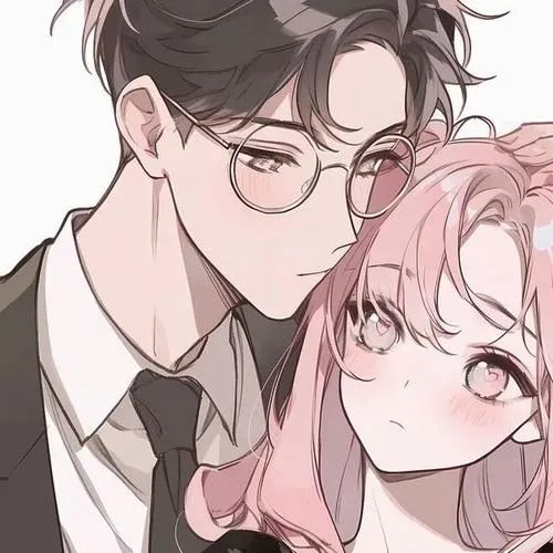 33 Ảnh profile đôi chàng trai đeo kính trong áo sơ mi và cà vạt, đứng cạnh cô gái tóc hồng xoăn nhẹ tạo cảm giác chỉn chu mà vẫn gần gũi cho ảnh đại diện