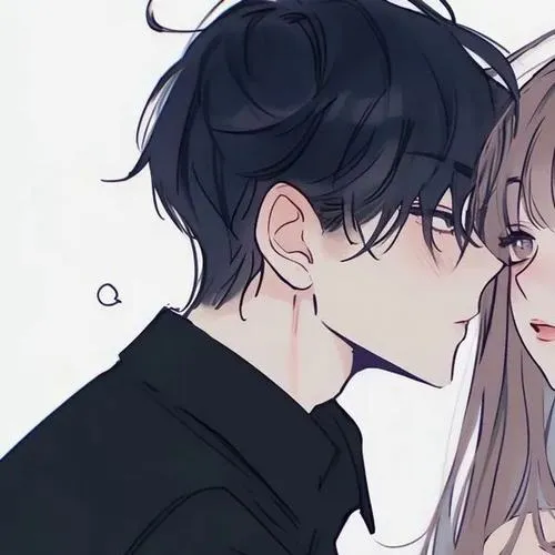 35 Avatar cặp đôi chàng trai tóc xanh đen nghiêng đầu sát cô gái, tay chạm gần má người đối diện và ánh nhìn tập trung làm ảnh đôi trông tình nhưng không sến