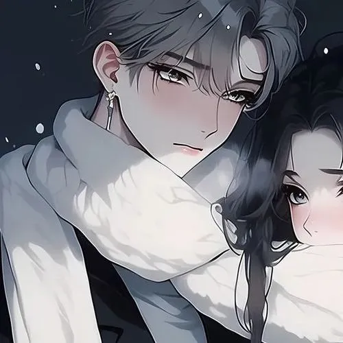 39 Ảnh profile chàng trai tóc xám quàng khăn trắng đứng trong nền đêm xanh, gương mặt hơi đỏ lạnh và bóng dáng người bên cạnh khiến avatar cặp nhìn rất tình