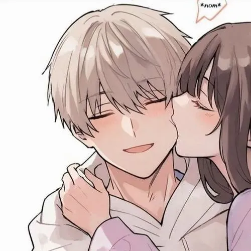 5 Hình profile chàng trai tóc vàng nhắm mắt cười, để cô gái tựa sát từ phía sau trong khung màu kem nhạt, rất hợp làm avatar cặp đôi theo kiểu ngọt nhẹ