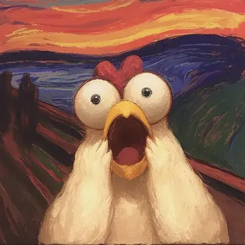 31 Ảnh ngáo con gà cao su há miệng hét lớn trên nền bức tranh Tiếng thét nổi tiếng tạo nên một sự kết hợp đầy tính châm biếm.