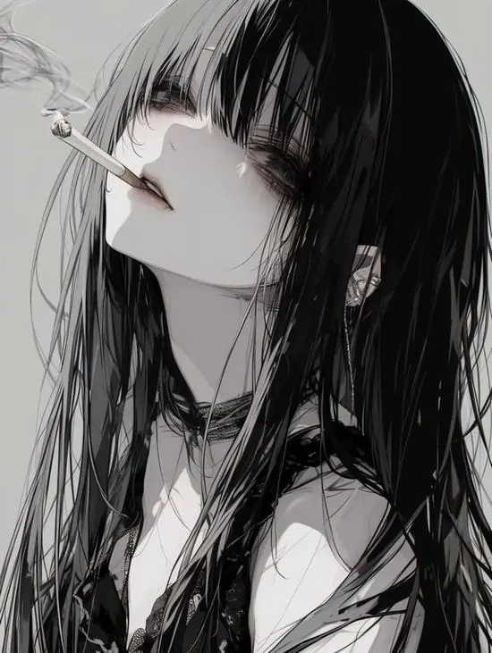 10 Cô gái anime tóc dài đen đứng nghiêng, điếu thuốc kẹp môi, khói bay quanh khuôn mặt, toát lên nỗi tan vỡ.