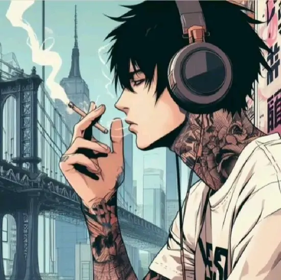 18 Cô gái anime tóc trắng ngắn cầm điếu thuốc, khói bay trước mặt, trong không khí man mác.