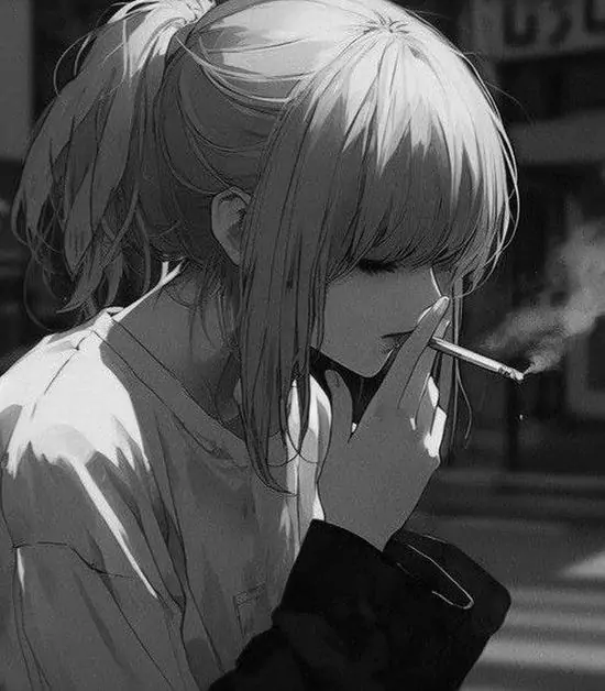 19 Ảnh suy tư cô gái ngồi ngoài trời với cây xanh xung quanh, tóc buộc cao, hút thuốc nhìn xuống sâu lắng.