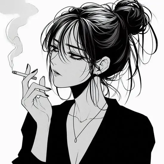 21 Ảnh đại diện cô gái anime tóc búi cao mặc áo đen, cầm điếu thuốc kẹp môi, khói bay nhẹ ngẩn ngơ.