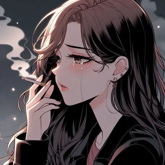23 Hình profile cô gái anime tóc nâu dài cầm điếu thuốc, nước mắt lăn dài trên má, khói bay nhẹ cô quạnh.