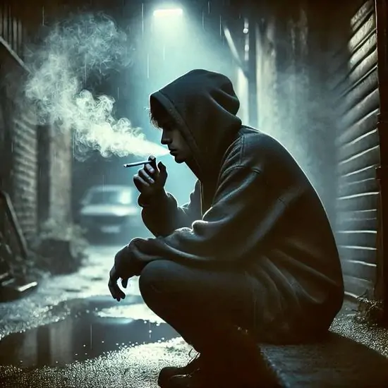 27 Hình nền chàng trai ngồi xổm ngoài phố đêm, mặc áo khoác, hút thuốc nhìn xuống đường ướt, lặng im.