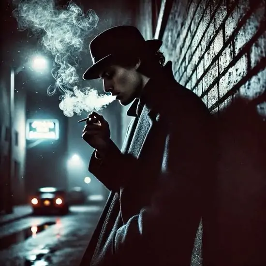 28 Người mặc áo khoác dài và mũ fedora đứng hút thuốc ngoài phố đêm, khói bay lẫn đèn neon, trống vắng.