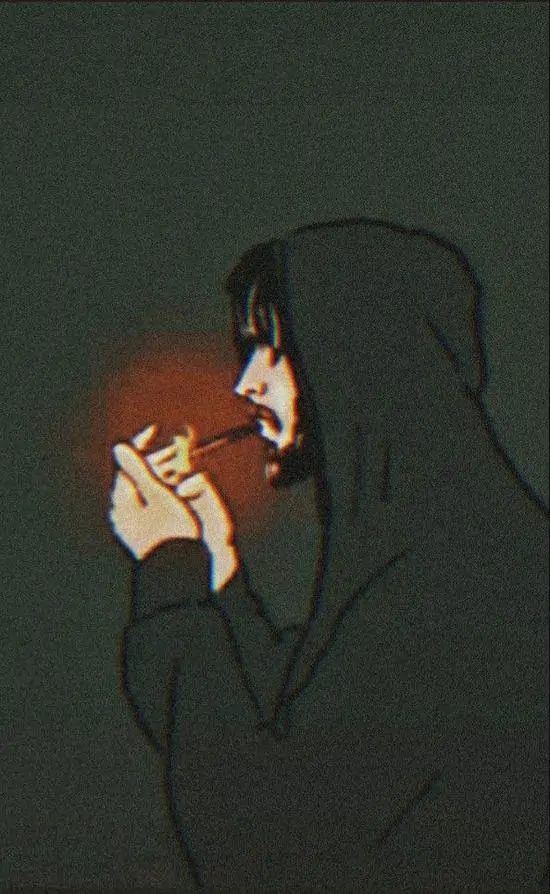 5 Bức ảnh chàng trai mặc hoodie đứng trong ánh sáng đỏ lờ mờ, điếu thuốc kẹp giữa ngón tay, ánh mắt nhìn xuống lặng lẽ.