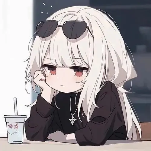 51 Ảnh đại diện nhỏ xinh bé gái tóc đen dài với dải ruy băng xanh trong miệng, đôi mắt hồng lấp lánh và nền hồng đào làm khung ảnh chibi nữ này cực nổi bật