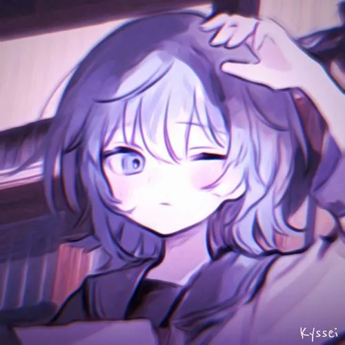 44 Cô gái tóc tím ngồi nghiêng, một tay đặt lên đầu và mắt nhìn xa làm ảnh nữ hợp dùng khi thích nét mềm, khá đẹp và có chút mơ màng