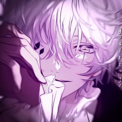 45 Tải avatar anime chàng trai tóc hồng cúi nhẹ giữa lớp sáng tím, mắt nửa ẩn sau tóc và cổ áo tối khiến ảnh nam trông lãng đãng, hợp người mê nhân vật hoạt hình