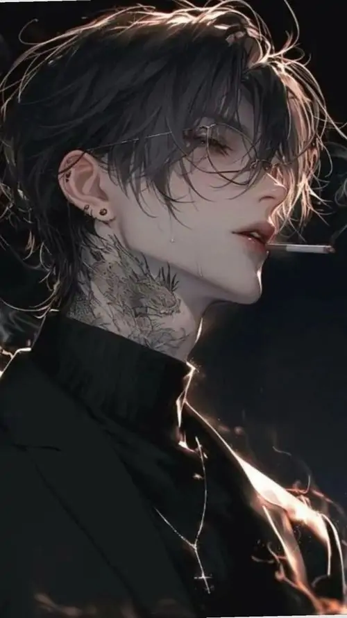 47 Ảnh profile anime nam chất chàng trai đeo vòng cổ kim loại ngồi ở quán vắng khuya, tay gác lên thành ghế và đầu hơi nghiêng, phông nền tối khiến đường cằm sắc mà không cứng