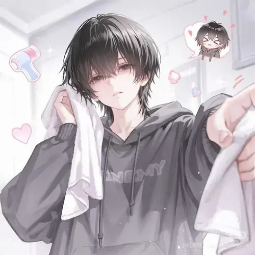 43 Cậu bé chibi mặc áo cổ lọ màu gạch ôm con mèo tam thể, gương mặt thư thả và nền phòng ngủ nhạt màu khiến bức hình êm hơn, hợp một ảnh profile đời thường