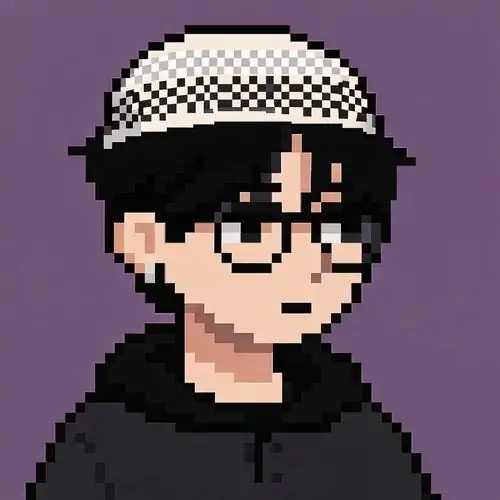 38 Chàng trai đeo kính trong phong cách pixel art mặc áo hoodie đen đứng nhìn nghiêng mang lại cảm giác hoài cổ với màu sắc trung tính đơn giản.