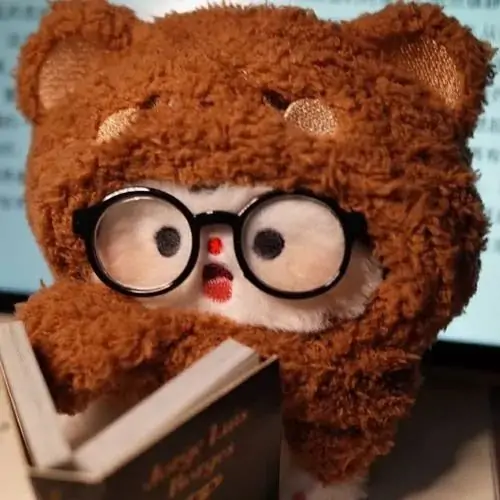 42 Bé thú bông nâu đỏ nép bên bình hoa cúc trắng, nền tường vôi sáng làm khuôn mặt tròn nổi bật hơn, đây là kiểu ảnh đại diện gấu vải hợp gu tối giản nhẹ tênh