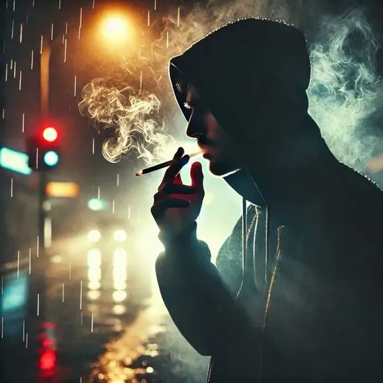40 Tay cầm điếu thuốc trong khung hình tối, khói bay thẳng lên, điếu thuốc cháy nửa chừng, day dứt.