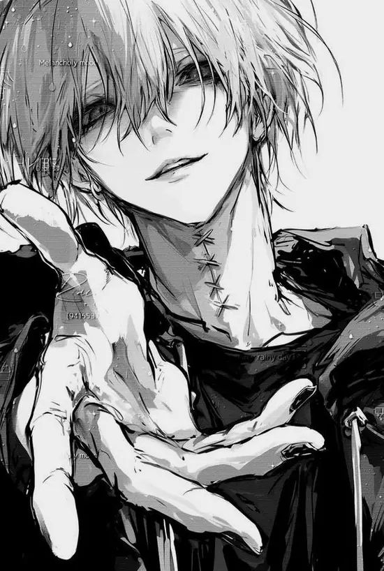4 Nét vẽ Ginko Mushishi hiện trên nền giấy hạt, tóc trắng nhạt, áo khoác tối và chất ảnh anime đơn sắc rất gọn.