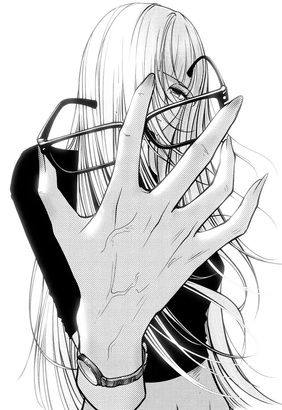 2 Những đường tóc mảnh được kéo bằng phong cách manga, nhân vật nữ đứng trước nền trống với váy tối màu.