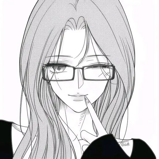 7 Phần tóc đen dài rơi qua vai áo, nhân vật đứng nghiêng trong tranh anime nữ trắng đen với môi khép nhẹ.