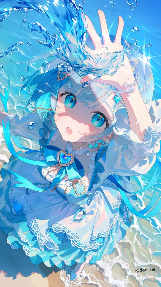 5 Bên mép hồ trong, Sailor Mercury ngồi đọc sách, váy xanh thủy thủ gọn gàng, kính mắt nhỏ và dáng vẻ chăm chú.