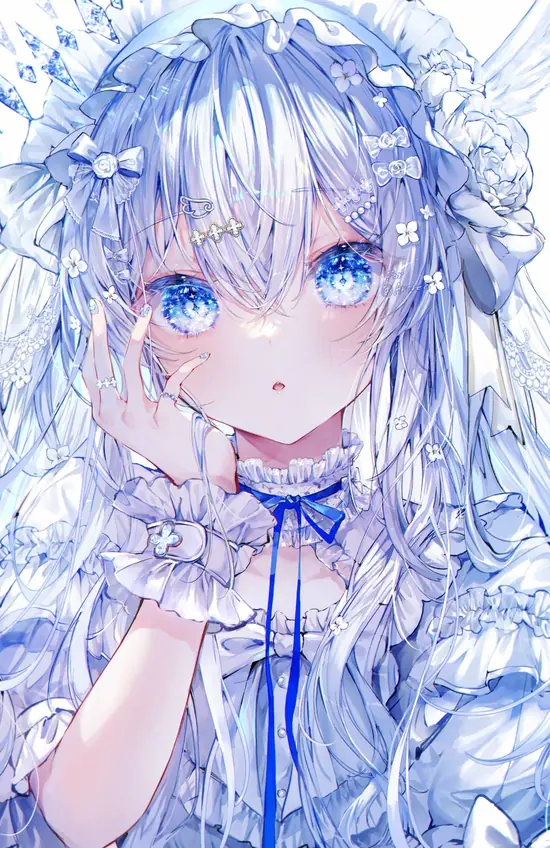 6 Mái tóc xanh lam trải dài trên vai cô gái anime, áo khoác trắng mỏng, nền mây nhạt tạo cảm giác của tranh anime nữ xanh biển.