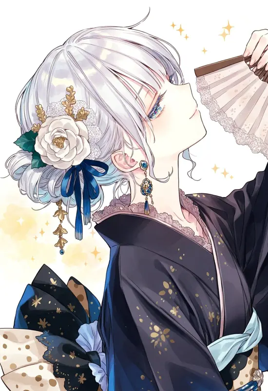 15 Trên đầu cô là vòng hoa bạc nhỏ xinh, khiến ảnh anime nữ tóc trắng mang nét dịu dàng khi nhân vật cúi mắt giữa vườn hoa băng.