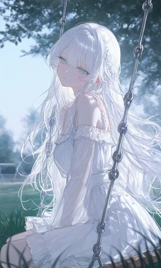 16 Khung sáng mờ phía sau làm minh họa anime nữ tóc sáng màu thêm mộng mị, cô gái khép tay trước ngực và để tóc trắng phủ nửa má.