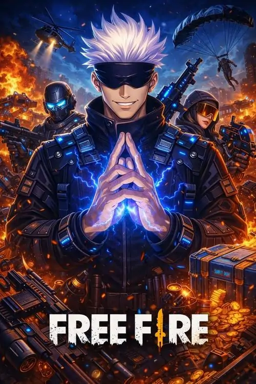 25 Poster Free Fire tông cam xanh với nhân vật đeo kính đen ở trung tâm, hai chiến binh phía sau làm không khí chiến trường bốc cháy