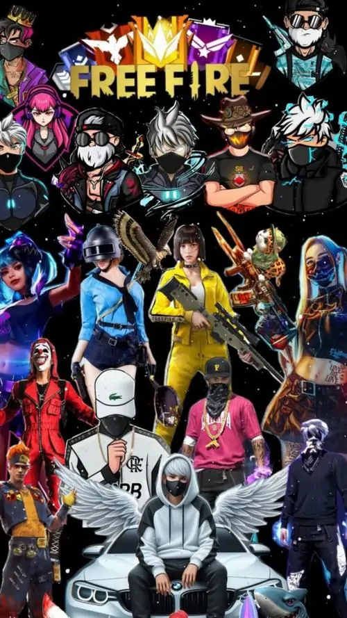 6 Dàn nhân vật Free Fire đứng kín khung hình poster, nhiều trang phục hiếm và màu neon tạo cảm giác như một quân đoàn đang tụ họp