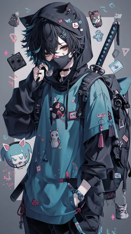 33 Khuôn mặt anime nam được chiếu sáng một bên, mắt vàng, áo đen cổ rộng và vài sợi tóc rơi xuống trán.