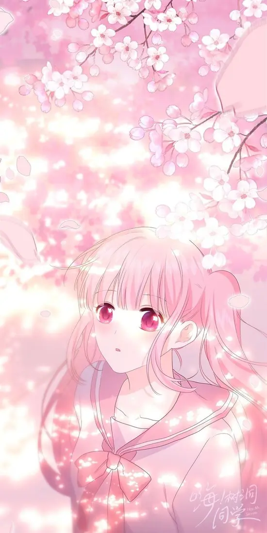 85 Hình Nền Anime Nữ Màu Hồng Cute đầy lãng mạn giữa sắc hoa anh đào và bầu trời dịu nhẹ
