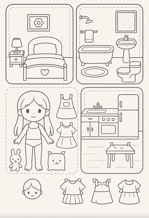 35 Tranh ngôi nhà búp bê đen trắng gara ô tô mini có chiếc xe mui trần bằng giấy ngộ nghĩnh đỗ cạnh tủ đựng dụng cụ sửa chữa.