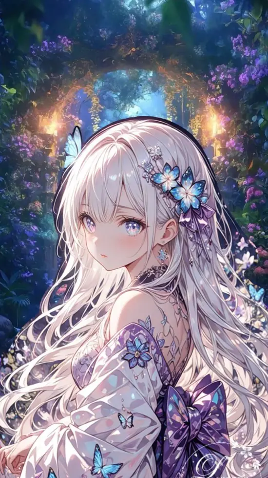 14 Trong khung ảnh anime ngầu lòi nữ, ánh neon tím phủ lên mái tóc trắng, nhân vật khoanh tay trước cửa hàng đóng kín.