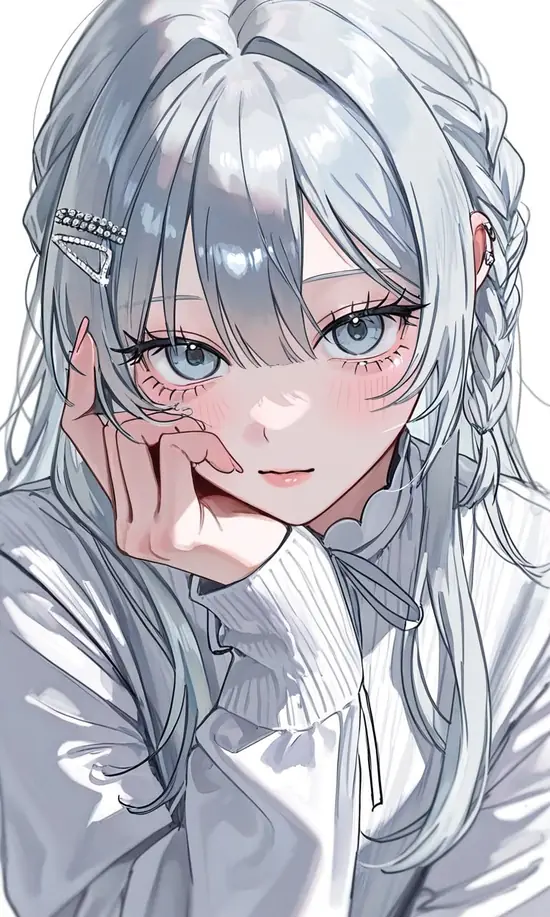 4 Từ hàng tai cáo trắng, hồ ly tuyết hiện lên mềm mại trong tranh anime nữ tóc trắng, mắt khép nhẹ và khăn choàng đổ xuống vai.