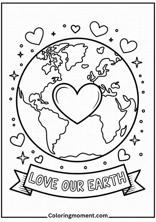 1 Tranh tô màu quả địa cầu ôm trái tim lớn, xung quanh có nhiều tim nhỏ và dòng chữ Love our earth thật ấm áp