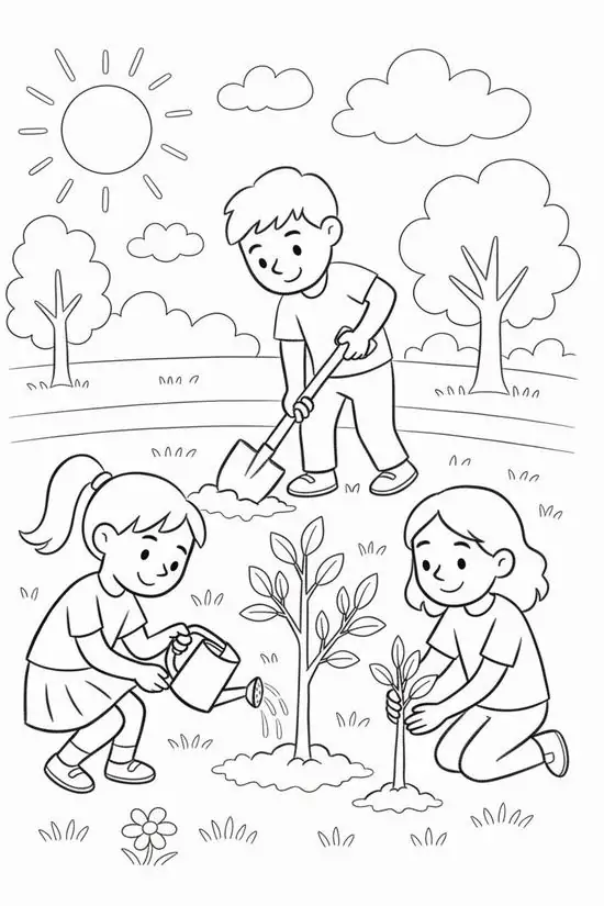 11 Ba bạn nhỏ mặc áo quần đơn giản cùng trồng cây non trên bãi cỏ, ai cũng vui vì mầm xanh mới
