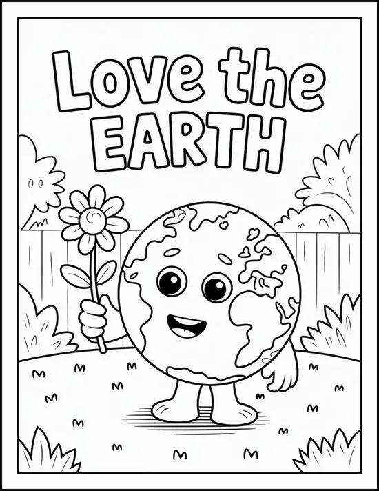19 Mẫu in trang tập tô màu trái đất đáng yêu đứng giữa vườn hoa, dòng chữ Love the earth nổi bật phía trên