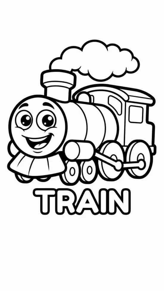 15 Đầu tàu hoạt hình cười rạng rỡ cạnh chữ train, thân xe nhỏ gọn và làn khói bồng bềnh phía trên
