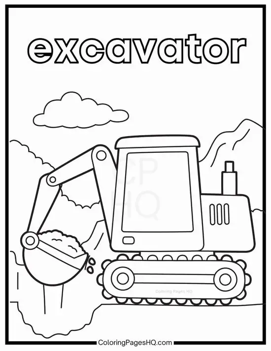 32 Máy đào trong khung chữ excavator hạ gầu xuống đất, bản vẽ nét đứt phương tiện đi lại có bánh xích rất rõ