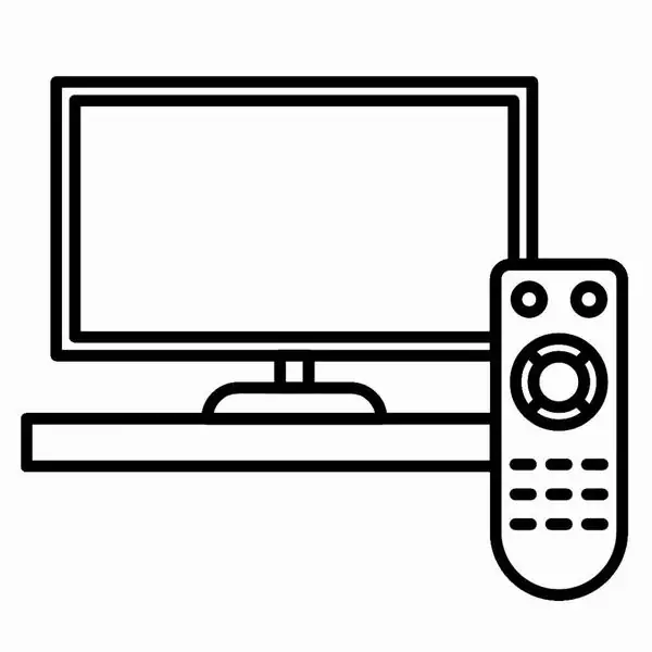 1 Tranh tô màu tivi màn hình lớn đặt trên kệ gỗ, bé trai áo sọc mỉm cười cầm bút đứng cạnh điều khiển nhỏ