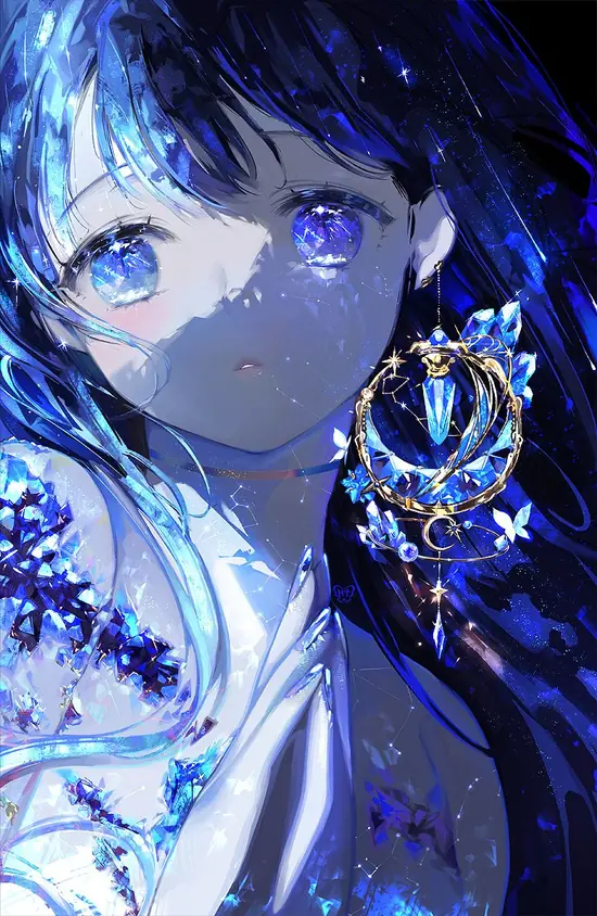 12 Bó hoa cẩm tú cầu đặt bên cửa sổ, cô gái anime tựa má lên tay, váy xanh nhạt và nụ cười rất nhẹ.